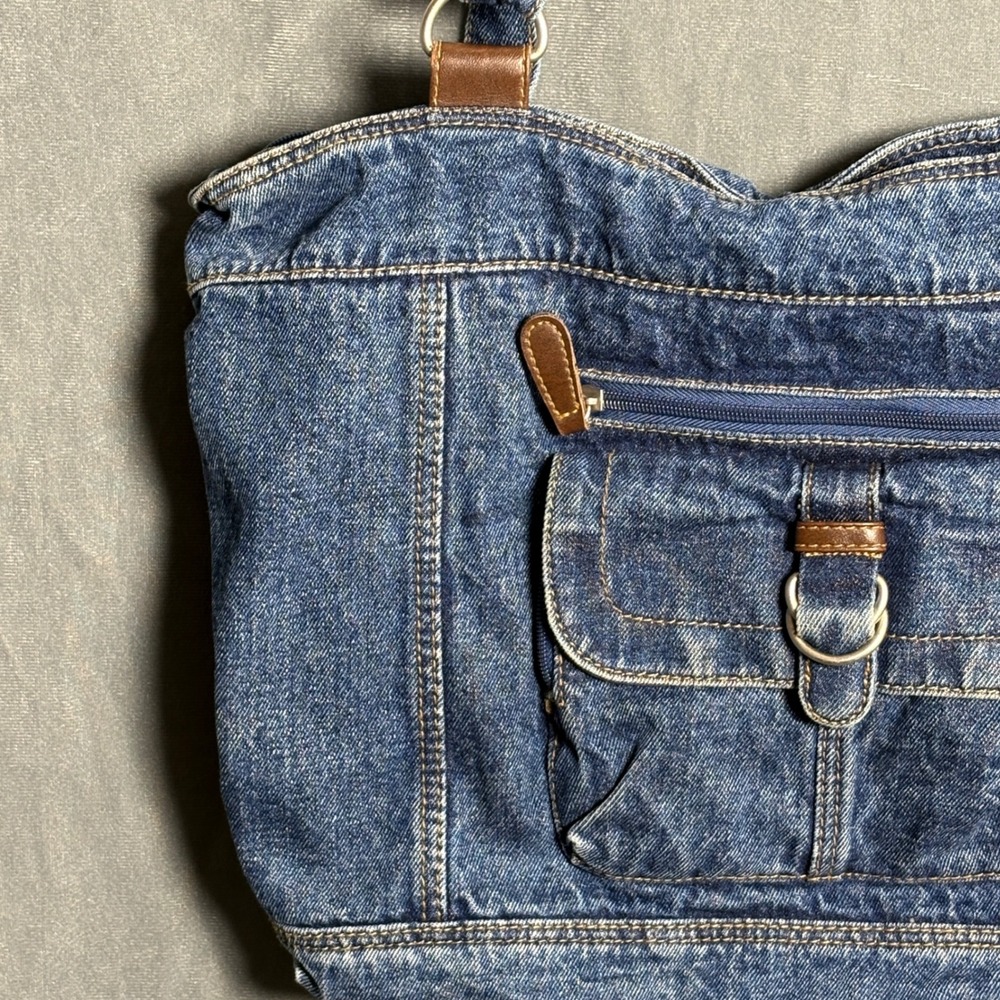 Vtg Denim Jean Shoulder Bag Purse Penny Lane 70s Style Cargo Medium Wash Blue - Picture 6 of 12